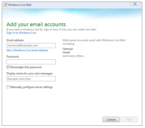 hotmail email settings for windows live mail